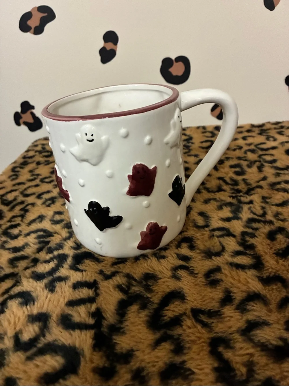 Handmade White Ceramic Mug with Black and Burgundy Ghost Accents - Home Accents